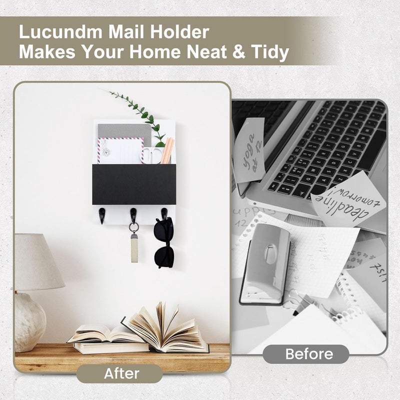 Lucundm Key and Mail Holder for Wall Mount, Entryway Mail Holder with 2 Slot, Key Holder with 3 Sturdy Hooks for Coat, Dog Leash, Decorative Key Rack (8.86”W x 11.42”H x 3”D) (White) - Image 4